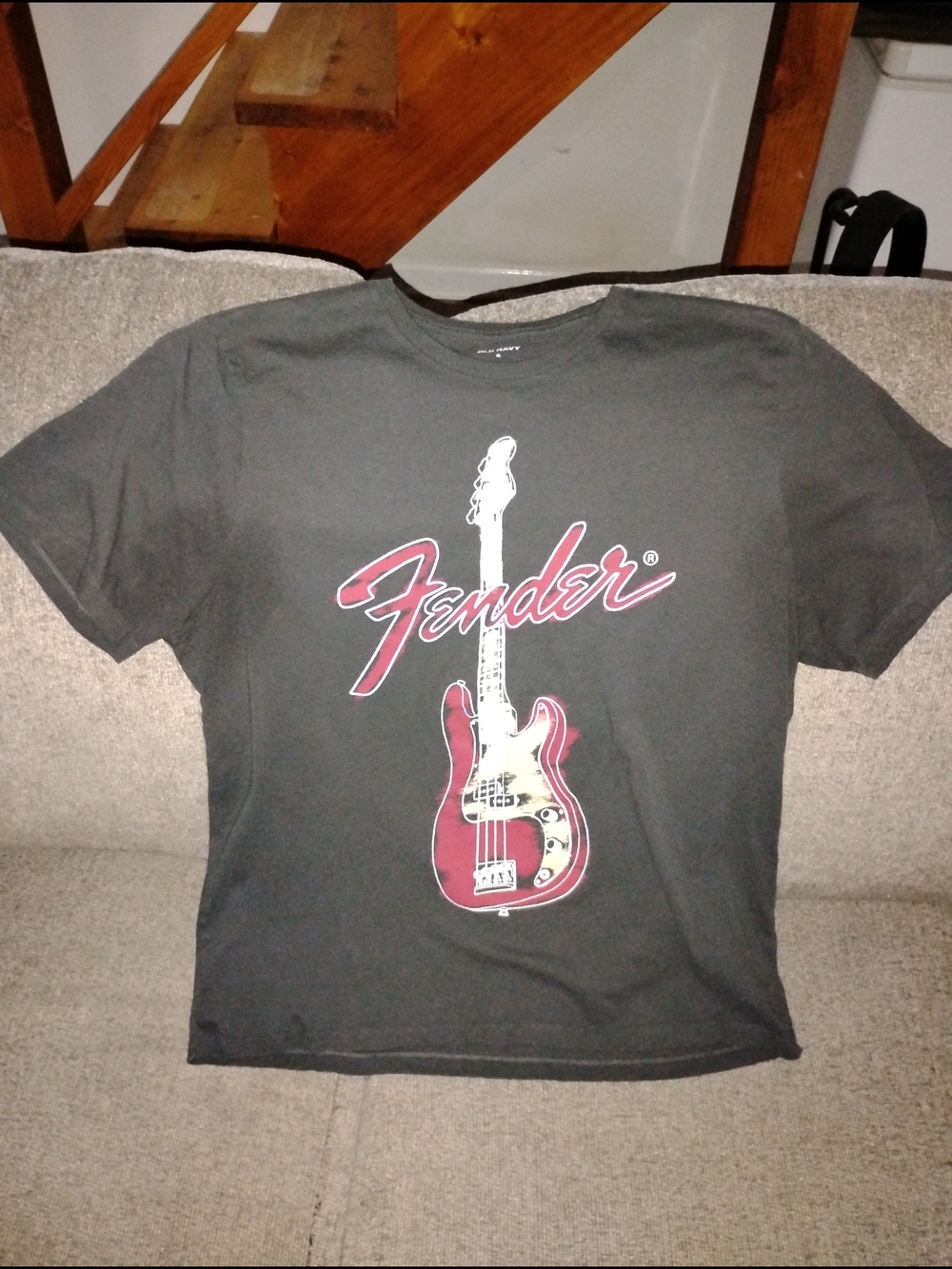 Old Navy Men's Black Tee with Maroon Fender Guitar Graphic